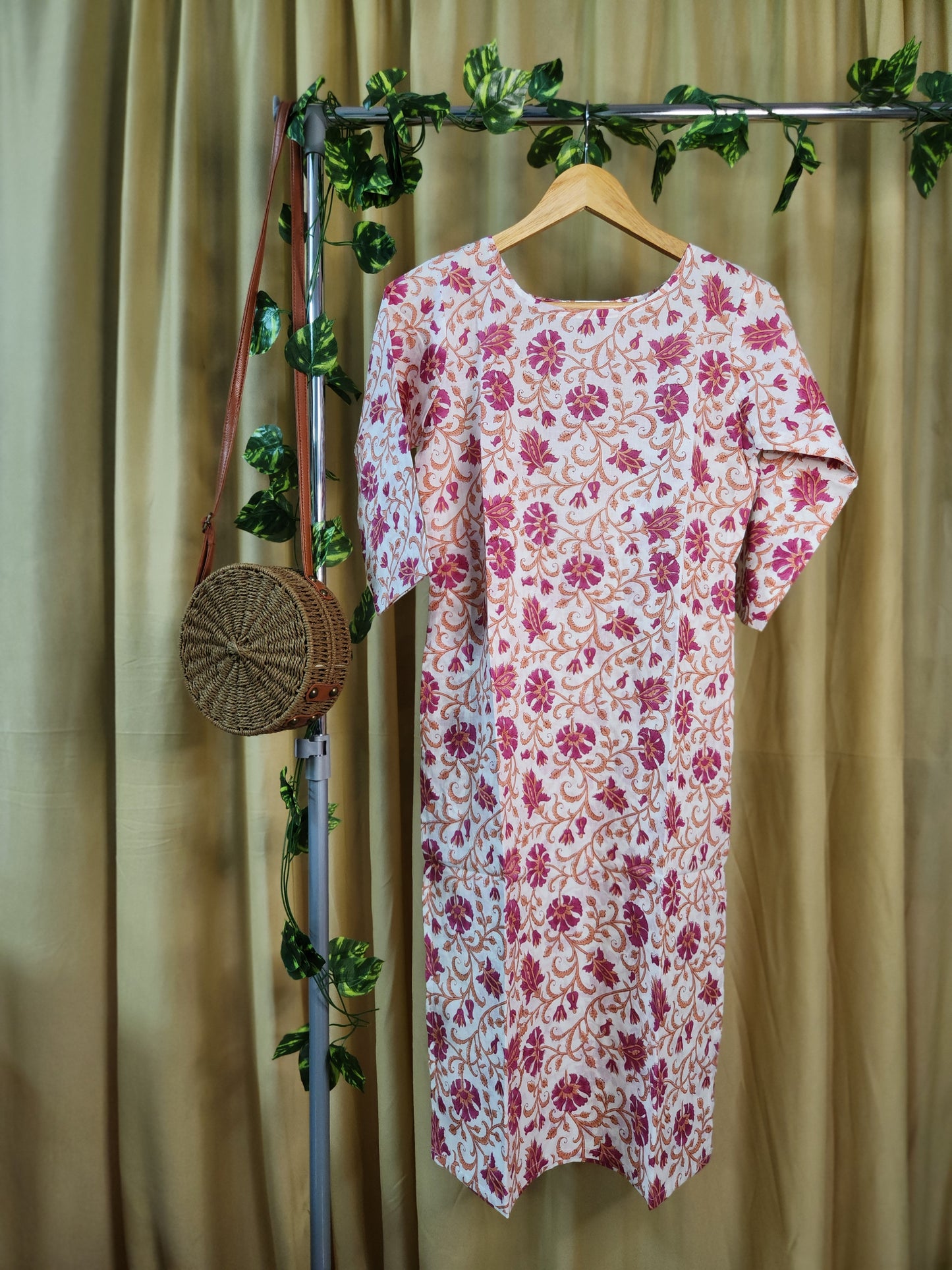 Pink and White Floral Hand Block Kurta